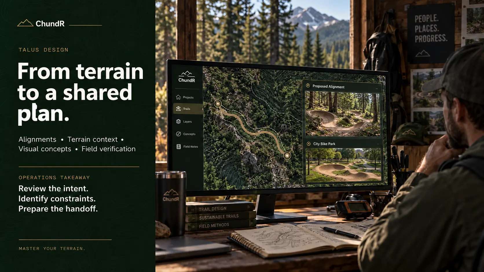 A trail designer reviews a flowing forest trail and a connected city bike park at a mountain studio